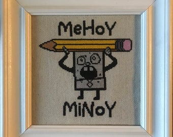 Mehoy Minoy Spongebob finished cross stitch, Framed Cross Stitch, Gift for him, Cartoon
