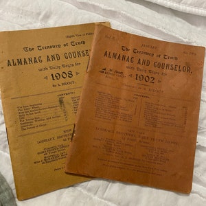 The Treasury of Truth Almanac and Counselor, 1902 and 1908, produced by LOIZEAUX brothers, Bible Truth Depot.
