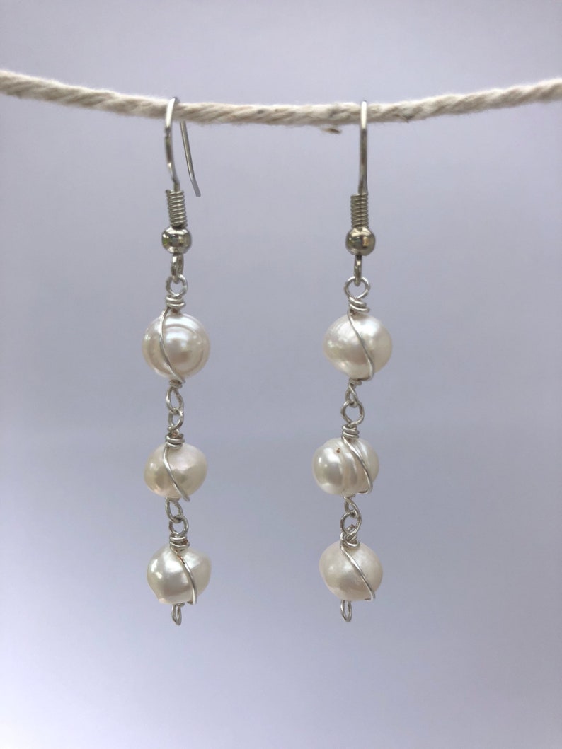 Wire wrapped pearl dangle earrings three freshwater pearls Etsy