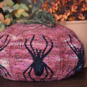 Op de afbeelding: Een gebreide pompoen met een roze en paarse kleurstelling en zwarte spinnenontwerpen.