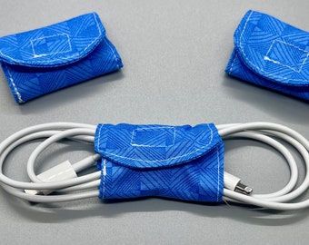 Blue Geometric Cord Wraps Organizer Bundle- For iPhone Charger Cords and More, Cord Keepers, Desk Organization, Work From Home, Tech Gifts