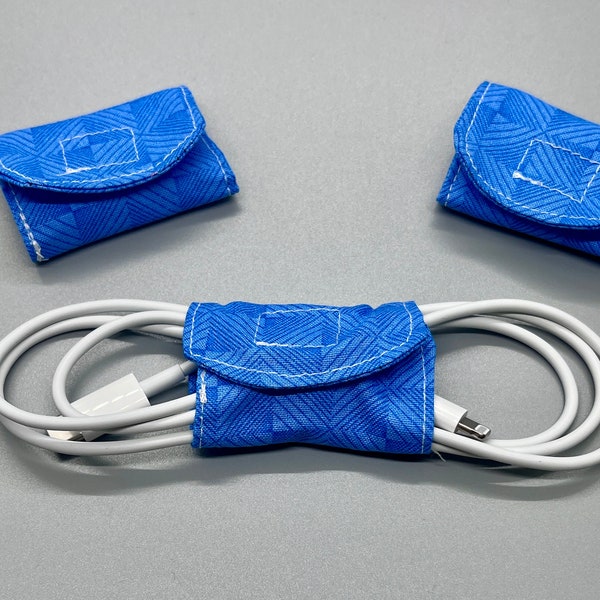 Blue Geometric Cord Wraps Organizer Bundle- For iPhone Charger Cords and More, Cord Keepers, Desk Organization, Work From Home, Tech Gifts