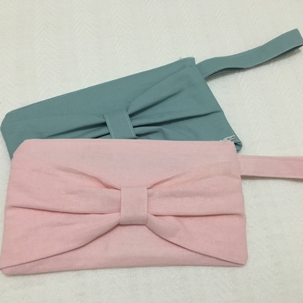 Zippered Bow Clutch with Wrist Strap- Pink, Light Blue, Teal, Pouch