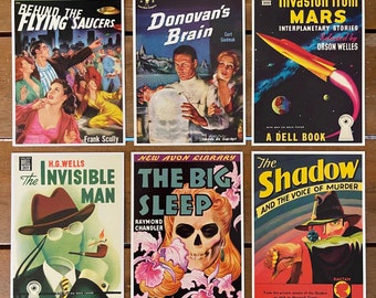 vintage 90s . PULP FICTION BOOK cover art postcard lot of 6 . cover art from 1940s + 1950s books . retro kitsch campy pulp paperback art