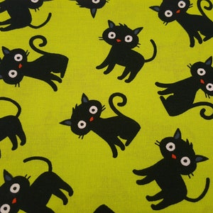 Cute Black Cats Kittens on Green Halloween Cotton Fabric by the Yard, 44 Inches Wide