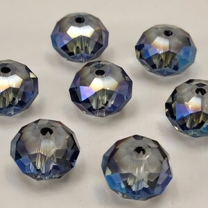 Sparkling Faceted Rondelle Beads, Blue and Clear, 7 Pieces