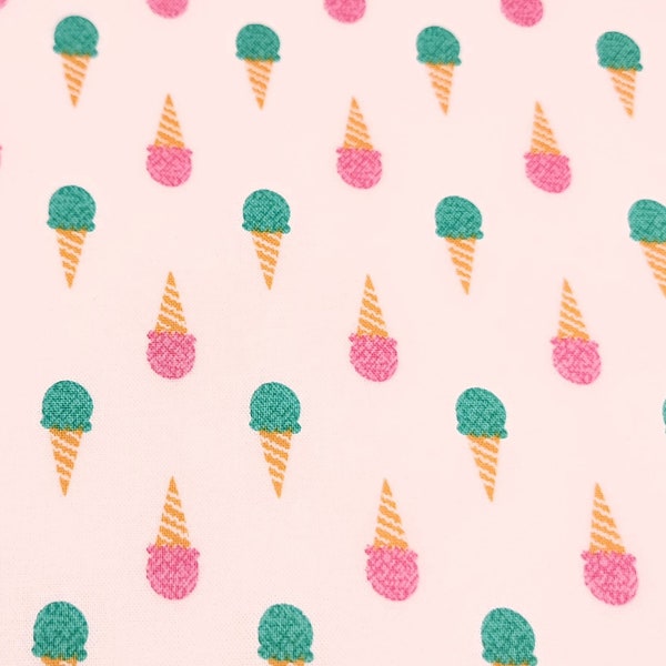 Pink and Green Ice Cream Cones - Toss Style - White Background - 100% Cotton Fat Quarter - 18 Inches x 21 Inches