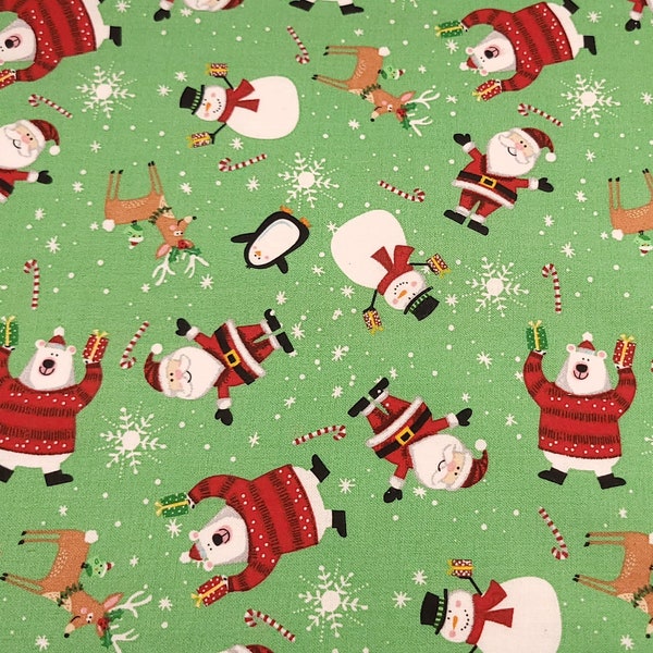 Christmas Characters Toss Pattern - Santa, Reindeer, Snowmen, Penguins, Candy Canes, More - 100% Cotton Fat Quarter, 18 Inches x 21 Inches