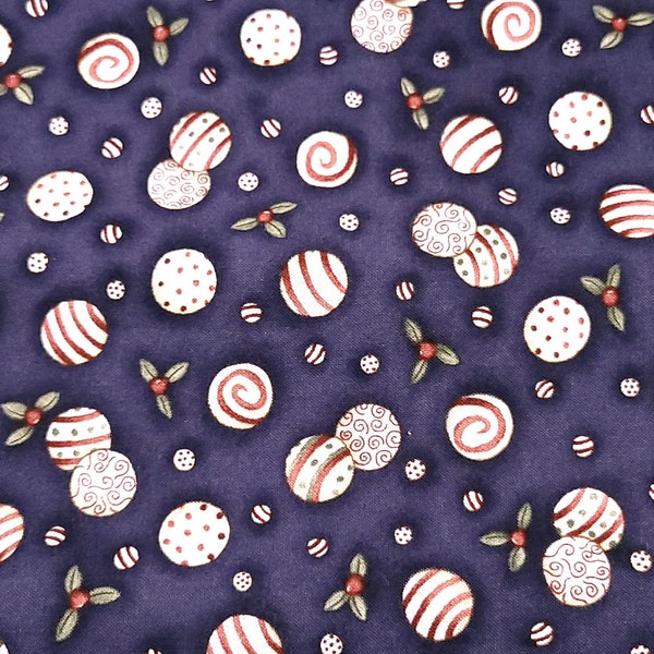 Vintage Red and White Candies with Holly on Blue - Peppermint Cottage by Diane Knott - 100% Cotton Fabric, 1 Yard Long, 27 Inches Wide