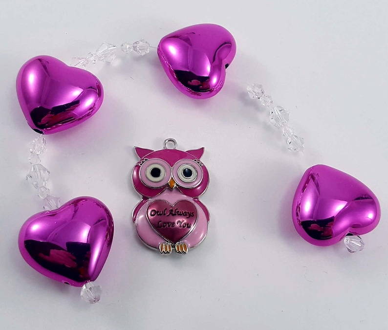 Hot Pink Owl and Hearts Jewelry Beads Pendant Findings 22 Pieces