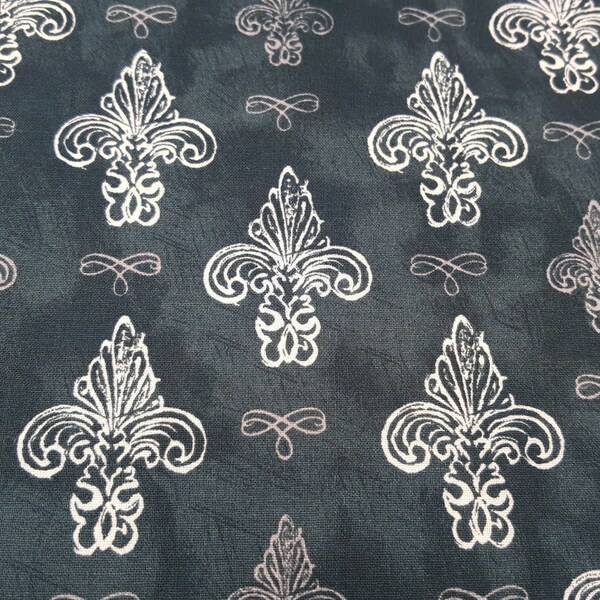 Off White Vintage or Rustic Fleur de Lis Damask with Accents on Mottled Black Background 100% Cotton Fabric by the Yard, 44 Inches Wide