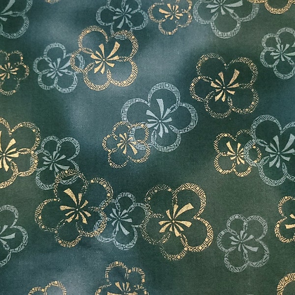 Gold Shimmer and Teal Flowers on Mottled Teal and White Background, Hanami Style, 100% Cotton Fabric, 24 Inches Long x 42 Inches Wide