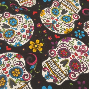Colorful Sugar Skulls on Black Background, Cotton Fabric Fat Quarter, 18 Inches by 21 Inches