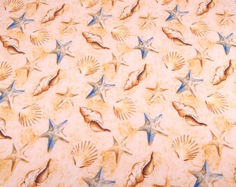 Sandy Beach - Starfish and Seashells - Beach Theme - 100% Cotton Fabric Fat Quarter - 18" x 21"