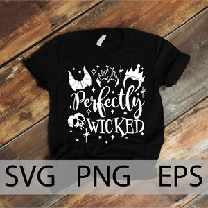K&ouml;nnte beinhalten: Schwarzes T-Shirt mit einem wei&szlig;en Design, das eine Krone, H&ouml;rner und einen Sch&auml;del mit dem Text "Perfectly Wicked" zeigt.