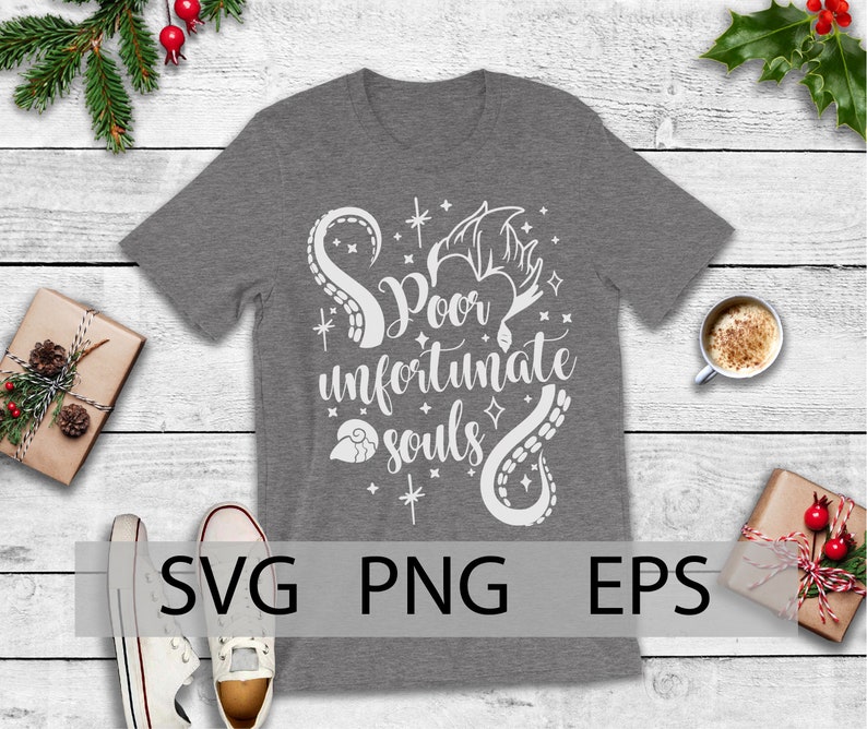 May include: Gray t-shirt with a white design of an octopus and the text "Poor unfortunate souls".