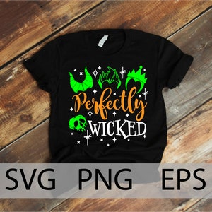 K&ouml;nnte beinhalten: Schwarzes T-Shirt mit einem gr&uuml;n-wei&szlig;-orangenen Design. Das Design zeigt eine Silhouette von drei Disney-Schurkenk&ouml;pfen mit dem Text "Perfectly Wicked".