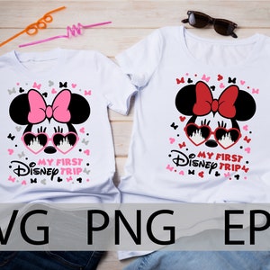 Minnie Sunglasses, My first disneyland trip SVG, My first trip PNG, Minnie Mouse first trip, Family vacation, cut files, transfer, bügeln