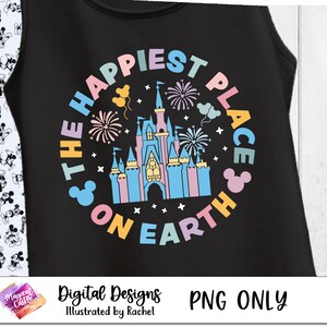 May include: A black tank top with a colorful graphic of Cinderella's castle and the text "The Happiest Place On Earth".