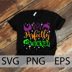 K&ouml;nnte beinhalten: Schwarzes T-Shirt mit einem wei&szlig;en Grafikdesign, auf dem "Perfectly Wicked" steht, sowie Bilder von drei Disney-Schurken. Die Schurken sind Maleficent, Ursula und Cruella de Vil.