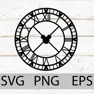 May include: Black and white clock face with Roman numerals and Mickey Mouse heads around the edge. The center of the clock has a Mickey Mouse head.