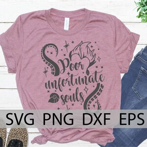 May include: A pink t-shirt with a black graphic design featuring an octopus, a heart, and the text "Poor unfortunate souls".
