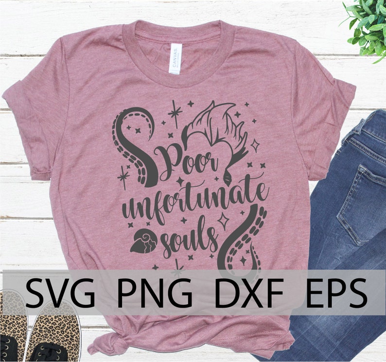 May include: A pink t-shirt with a black graphic design featuring an octopus, a heart, and the text "Poor unfortunate souls".