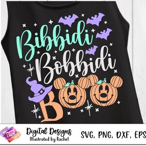May include: Black tank top with a white and teal design featuring the text "Bibbidi Bobbidi Boo" and two cartoon pumpkins with Mickey Mouse ears.