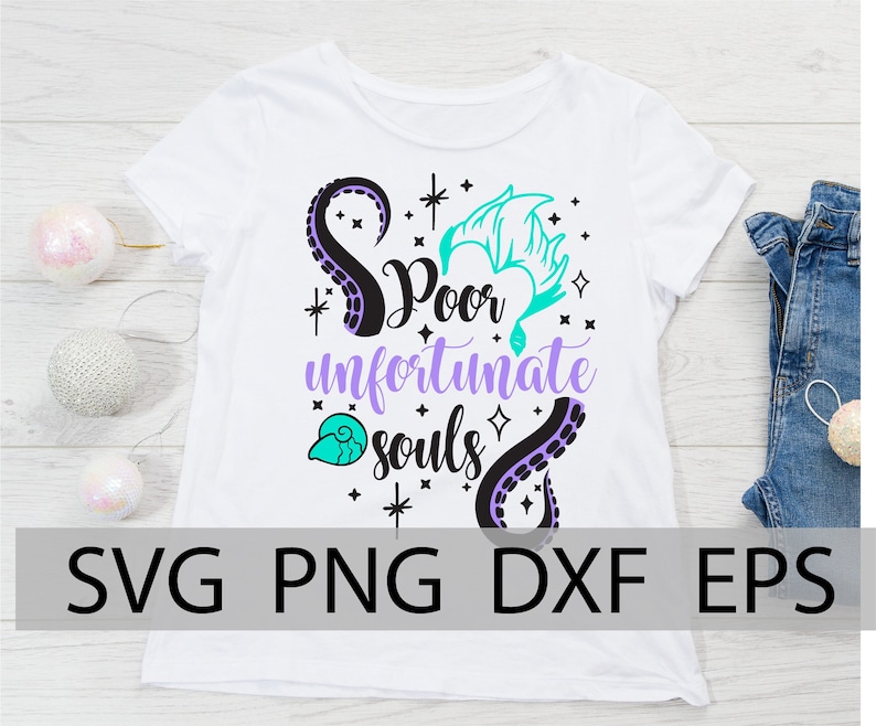 May include: White t-shirt with a purple and black octopus, a teal seahorse, and the text "Poor unfortunate souls".