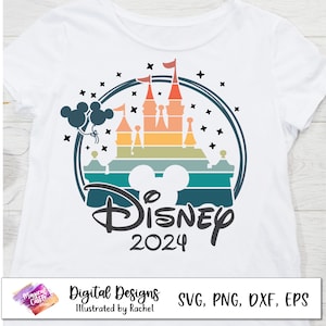 May include: A white t-shirt with a colorful retro design featuring a silhouette of Cinderella's castle, Mickey Mouse ears, and the text "Disney 2024".