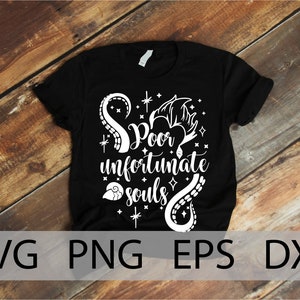 May include: Black t-shirt with a white graphic design featuring an octopus, a bat, and the text "Poor unfortunate souls".