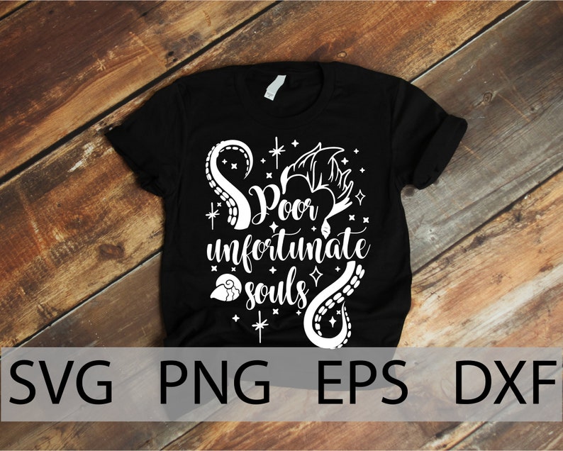 May include: Black t-shirt with a white graphic design featuring an octopus, a bat, and the text "Poor unfortunate souls".