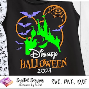 May include: Black tank top featuring a Halloween-themed design. The design includes a green castle, purple bats, and the text "Disney Halloween 2024" in orange and white. The design is set within a Mickey Mouse ear outline.