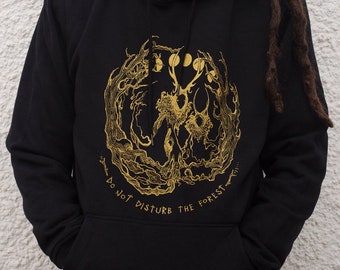 Sudadera "Do Not Disturb The Forest" serigrafiada a mano. Hand Screen Printed Organic Cotton Hoodie.