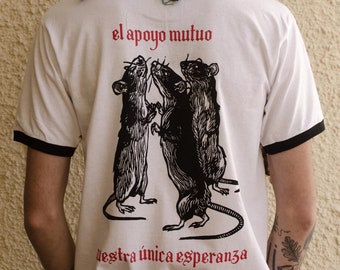 Apoyo Mutuo. Camiseta serigrafiada artesanalmente 100% algodón. Hand Screen Printed Cotton Tee