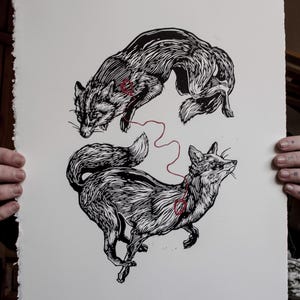 Vulpes. Linograbado y serigrafía estampados a mano. Edición limitada de 50 ejemplares. Hand printed linocut. Limited edition of 50 prints