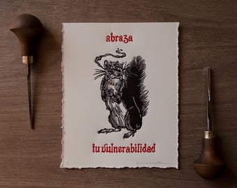 Vulnerabilidad. Linograbado estampado a mano. Edición de 20 ejemplares. Handprinted linocut. II edition of 20 prints.