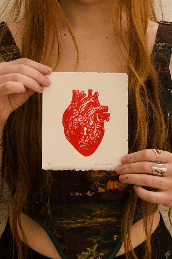 Corazón. Linograbado estampado a mano. Edición limitada de 50 ejemplares. Hand printed linocut. Limited edition of 50 prints