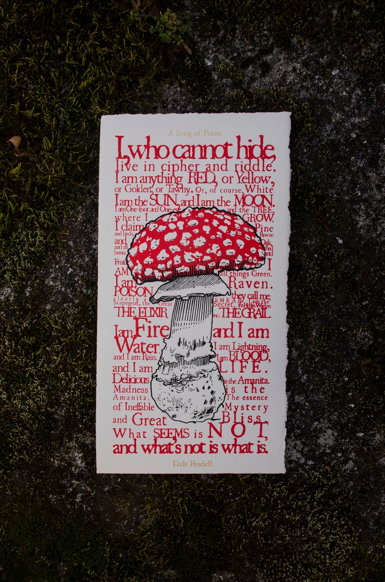 May include: A red and white mushroom with white spots on the cap, illustrated on a white background with black text. The text reads "I who cannot hide, live in cipher and riddle. I am anything RED, or Yellow, or Gokdert, or Tawny. Or, of course, White I am the SUN and I am the MOON. I am One-foot and One- ... and what's not is what is. Dale Pendell"