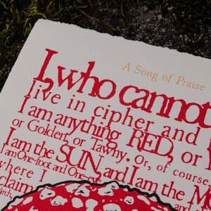 May include: A white card with red text that reads "A Song of Praise I who cannot hide live in cipher and riddle I am anything RED, or Yellow, or Golden, or Tawny. Or, of course, White I am the SUN, and I am the MOON I am One-foot and One-eye where I I claim". A red and white mushroom is at the bottom of the card.