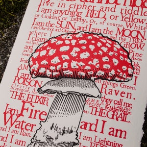 May include: A red and white mushroom with white spots is printed on a white background with black text. The text reads "I am anything RED, or Yellow, or Golden, or Tawny. Or, of course, White. I am the SUN, and I am the MOON. I am One-foot and One-eye, and the TREE GROW. Where I claim and I am all things Green. They call me the Raven. I am Fire and I am Water. I am Lightning and I am the ELIXIR. I am Poison, clearly a Scapegoat, the Great Secret, the Hidden Wisdom, and THE GRAIL."