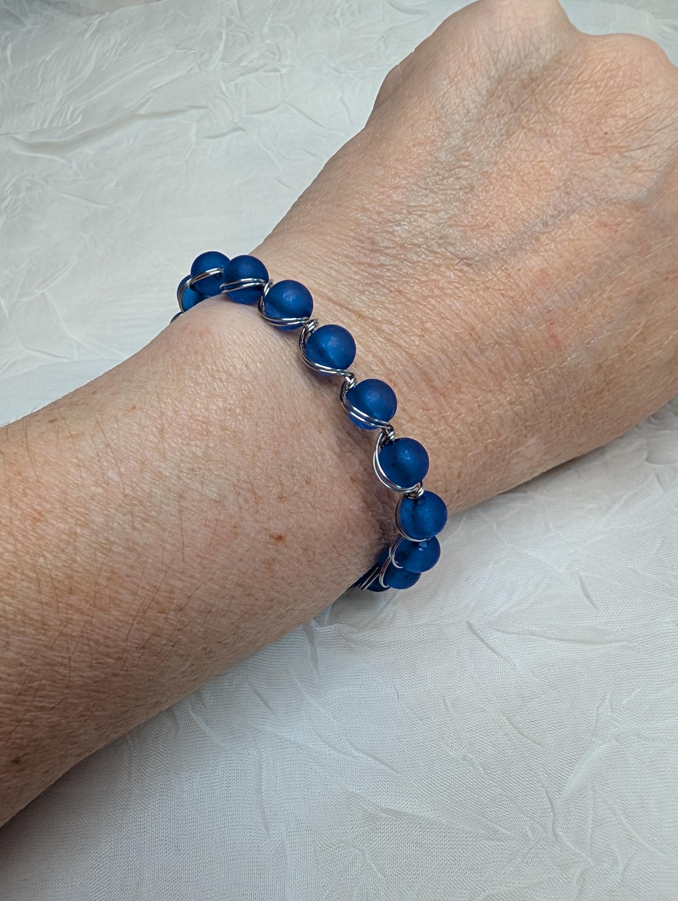 Handmade Double Wire wrapped Bracelet with Glass Beads - Thumbnail 3