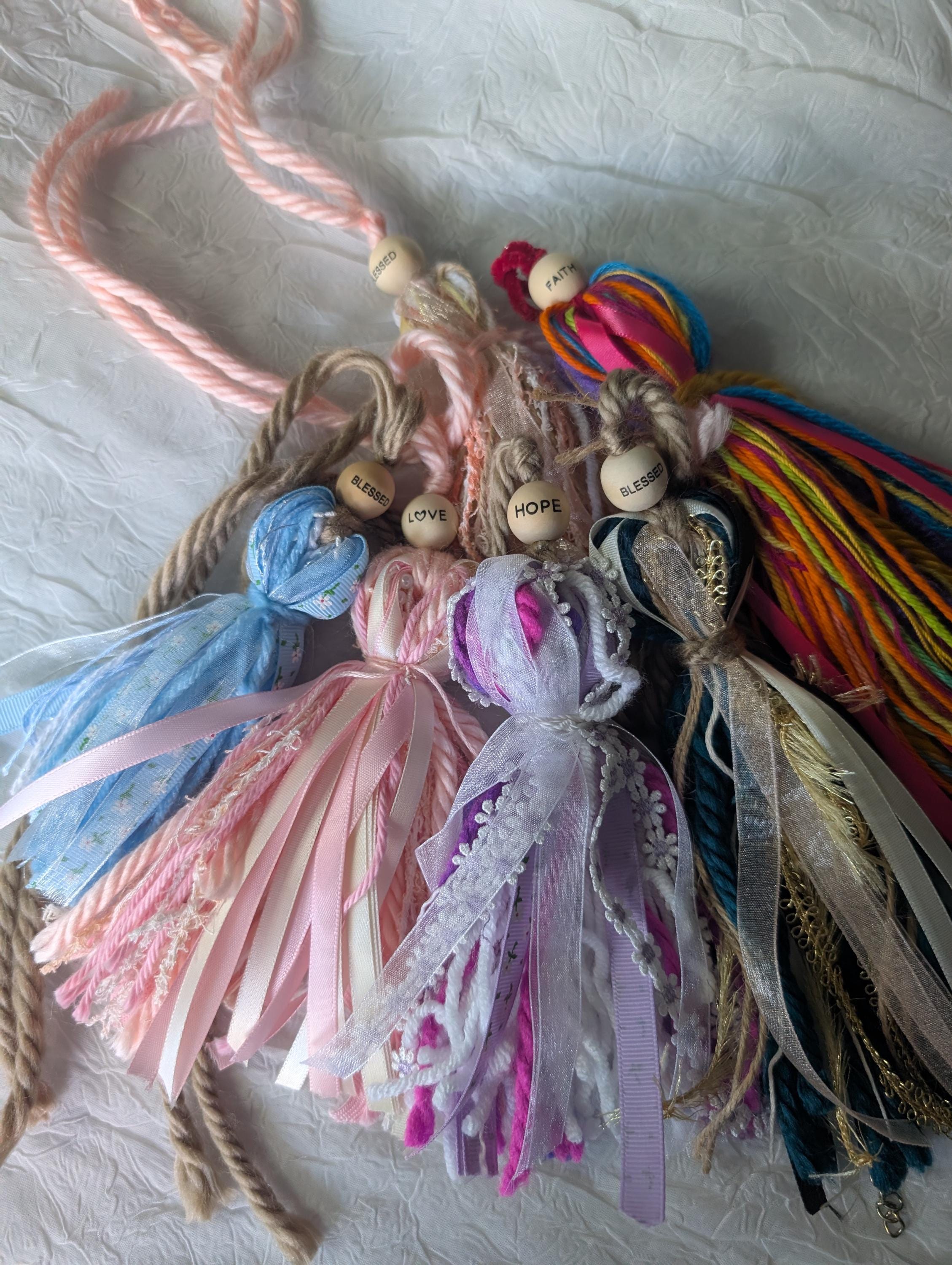 Bible Tassel with Wood Bead: Ribbon & Yarn Bookmark - Image 1