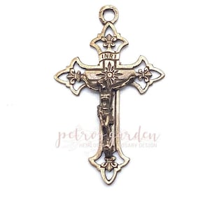 Solid Bronze DELICATE FLEUR de LIS Crucifix Rosary Parts Catholic Pendant Jewelry Religious Charms Antique Vintage Reproduction