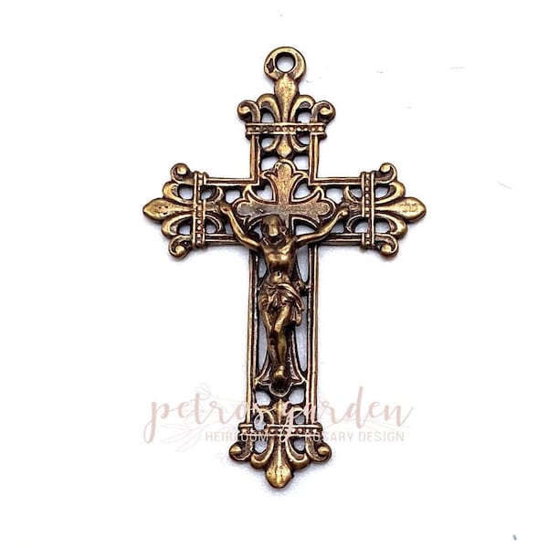 Solid Bronze FLEUR de LIS LATTICE Crucifix Rosary Parts Catholic Pendant Jewelry Religious Charms Antique Vintage Reproduction