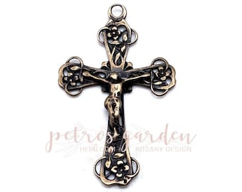 Solid Bronze DELICATE FLOWERS Crucifix Rosary Crucifix Rosary Parts Catholic Pendant Jewelry Religious Charms Antique Reproduction