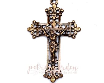 Solid Bronze FLEUR de LIS LATTICE Crucifix Rosary Parts Catholic Pendant Jewelry Religious Charms Antique Vintage Reproduction