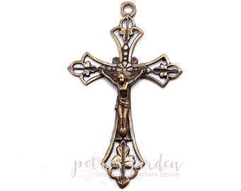 Solid Bronze PRETTY VICTORIAN OPENWORK Rosary Crucifix Catholic Pendant Jewelry Religious Charm Antique Vintage Reproduction
