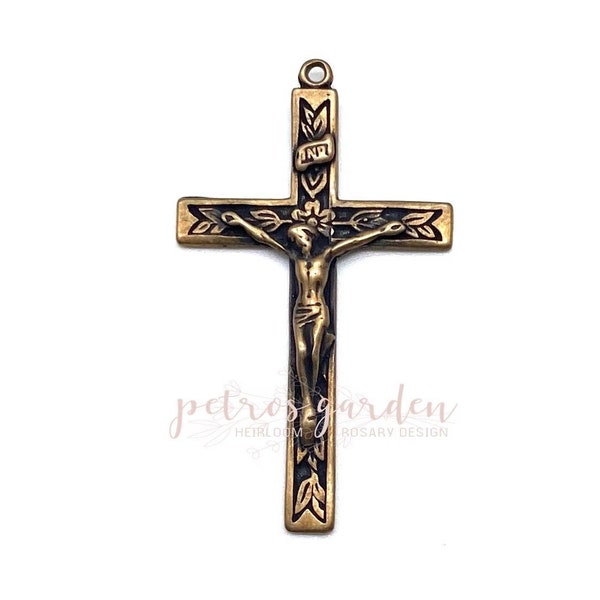 Solid Bronze LEAVES STRAIGHT EDGE Crucifix Rosary Crucifix Rosary Parts Catholic Pendant Jewelry Religious Charms Antique Reproduction