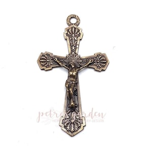 Solid Bronze THISTLE FLOWERS Crucifix Rosary Parts Catholic Pendant Jewelry Religious Charm Antique Vintage Reproduction